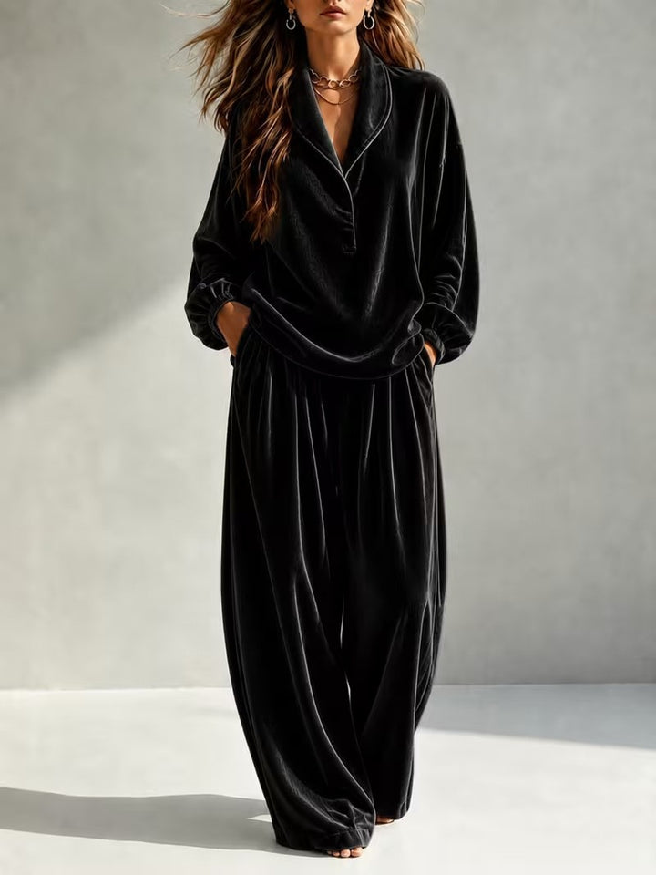 Damen Luxuriöses Velours-Loungewear-Set mit Schalkragen und weiter Palazzo-Hose Echoarchiv