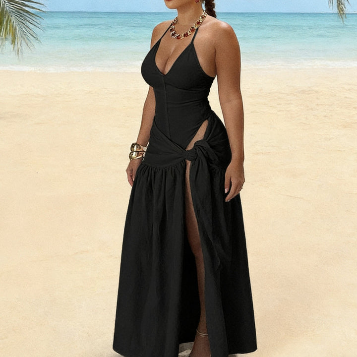 Damen Maxikleid mit knackigem V-Ausschnitt und verspielten Drapierungen Echo Archiv