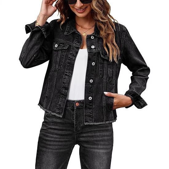 Damen Kurz geschnittene Jeansjacke mit Fransen-Saum und aufgesetzten Brusttaschen Echo Archiv