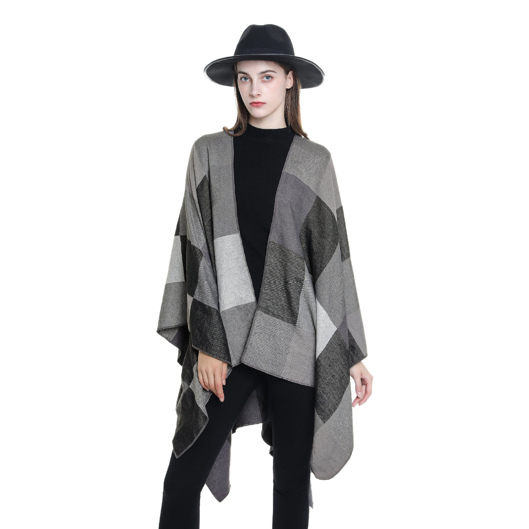 Damen Leichter Jacquard-Poncho mit geometrischem Muster und asymmetrischem Saum – Avérine