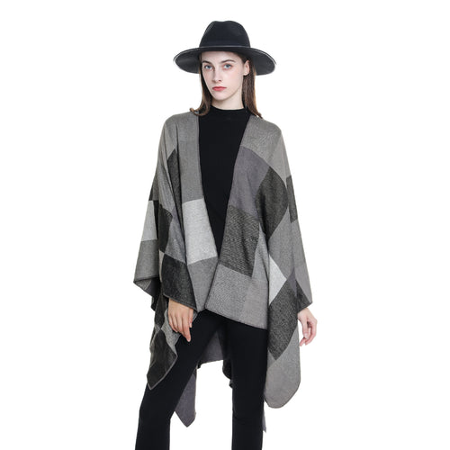 Damen Leichter Jacquard-Poncho mit geometrischem Muster und asymmetrischem Saum – Avérine