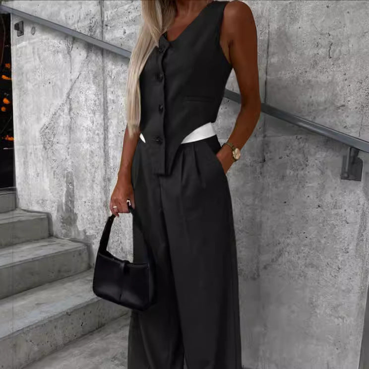 Damen Asymmetrisches Gilet- und Palazzohosen-Set mit Bundfalten und Eingrifftaschen – Avélisse
