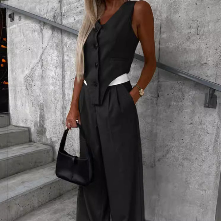 Damen Asymmetrisches Gilet- und Palazzohosen-Set mit Bundfalten und Eingrifftaschen – Avélisse