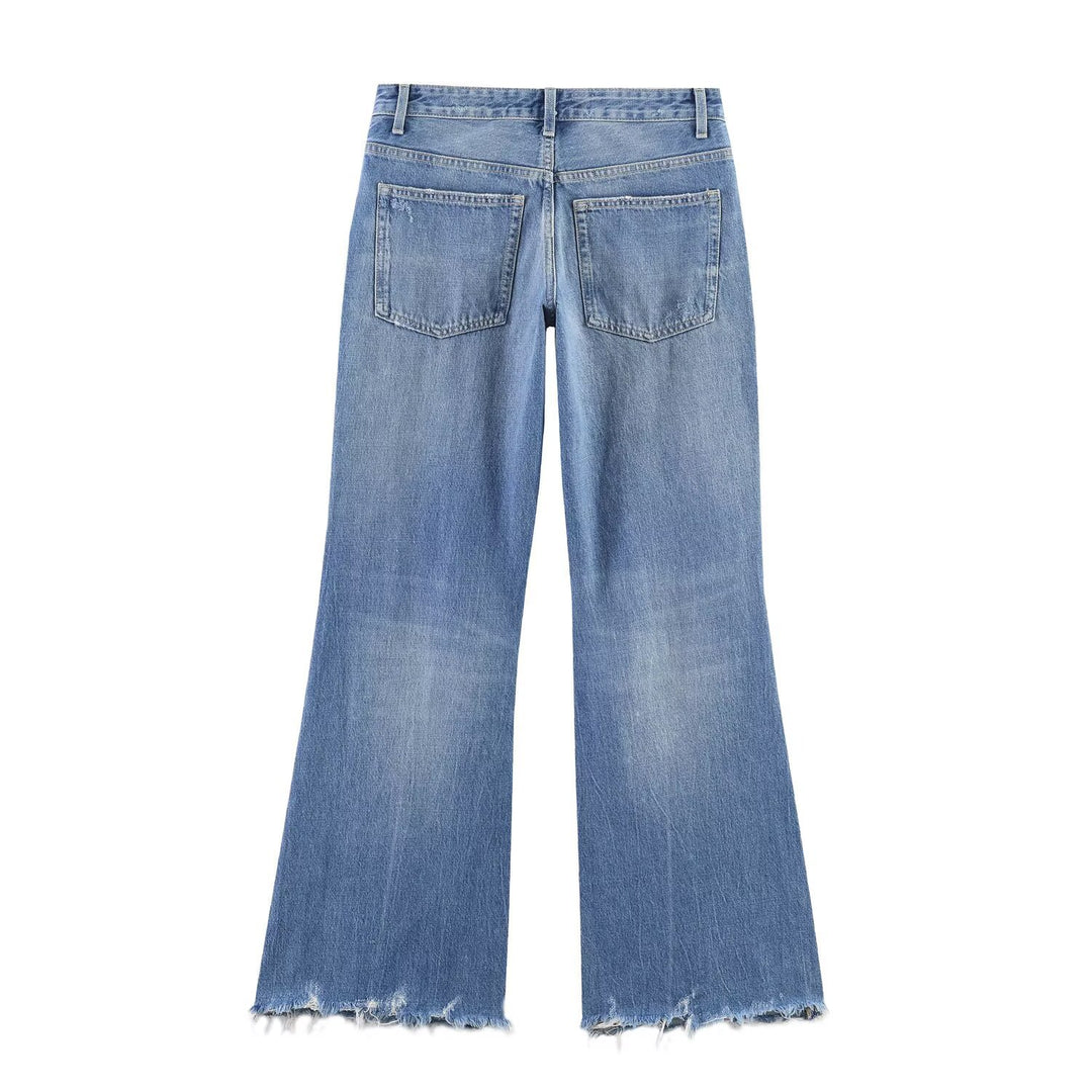 Damen High‑Waist Schlagjeans mit Destroy-Effekt und ausgefranstem Saum Echoarchiv