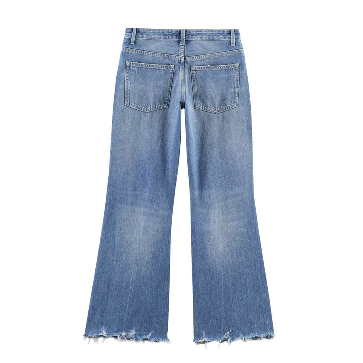 Damen High‑Waist Schlagjeans mit Destroy-Effekt und ausgefranstem Saum Echoarchiv