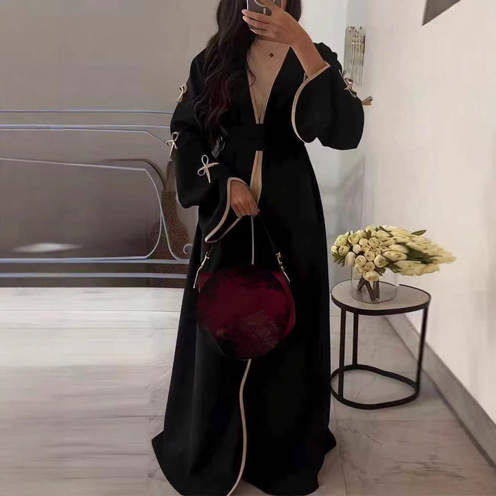 Damen nan elegante Abaya-Kaftan mit weitem Trompetenärmel, kontrastierender Passe und Wickelgürtel Echo Archiv