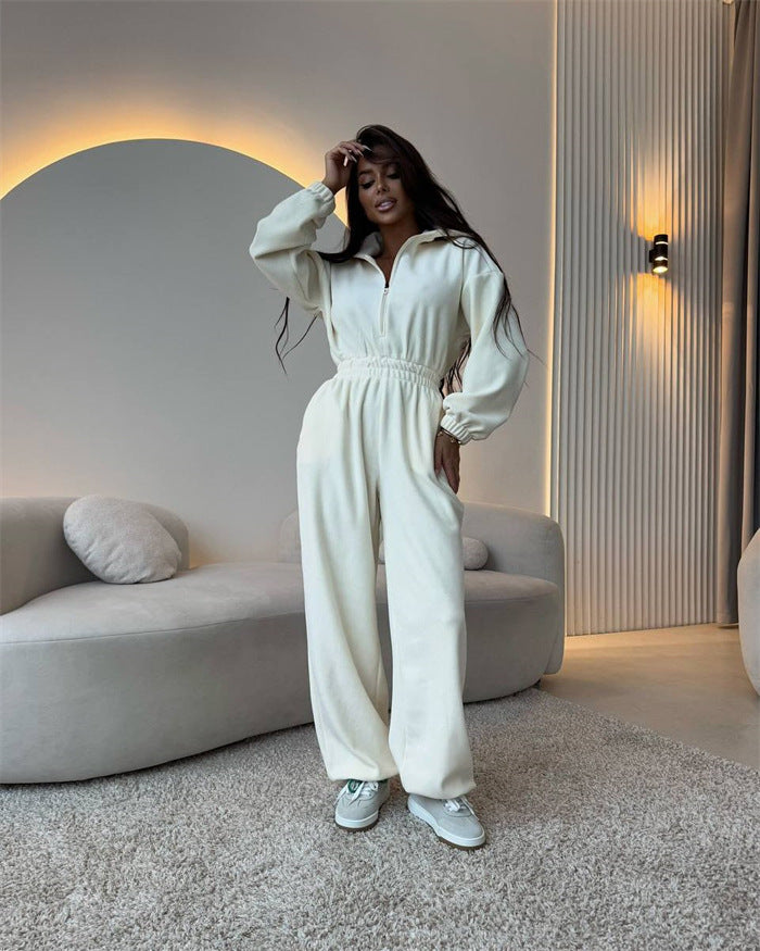 Damen Oversized Loungewear-Jumpsuit mit halbem Reißverschluss und elastischer Taillenraffung – Solévia