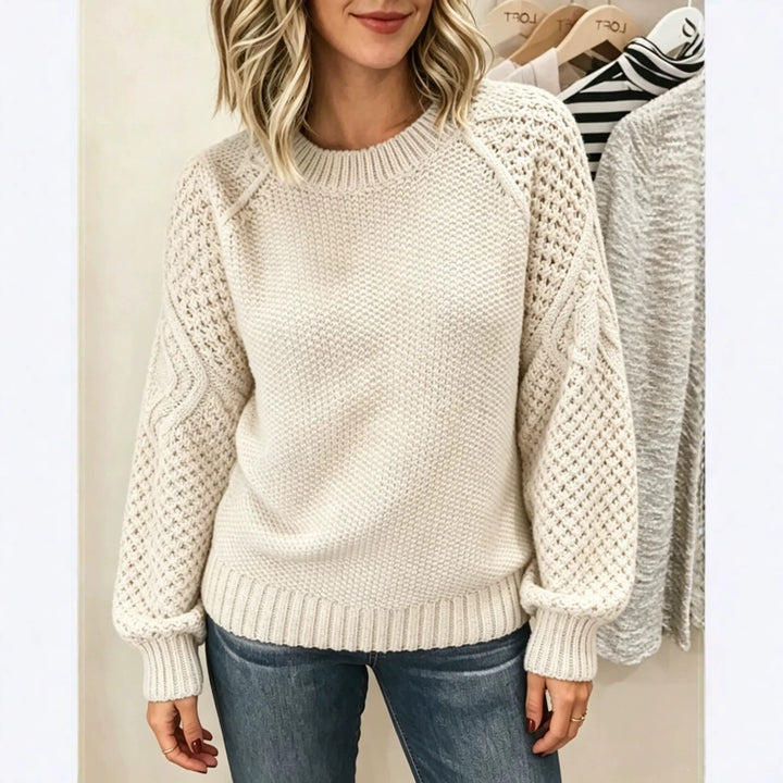 Damen Grobgestrickter Rundhals-Pullover mit Ajour- und Zopfmusterärmeln – Mavelle