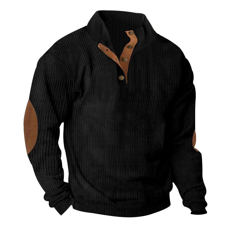 Herren Waffelstrick-Henley-Pullover mit Stehkragen und Ellbogen-Patches Echoarchiv