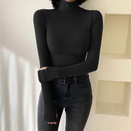 Damen Enganliegendes Rollkragen-Longsleeve aus Rippstrick mit Daumenloch – Avérine