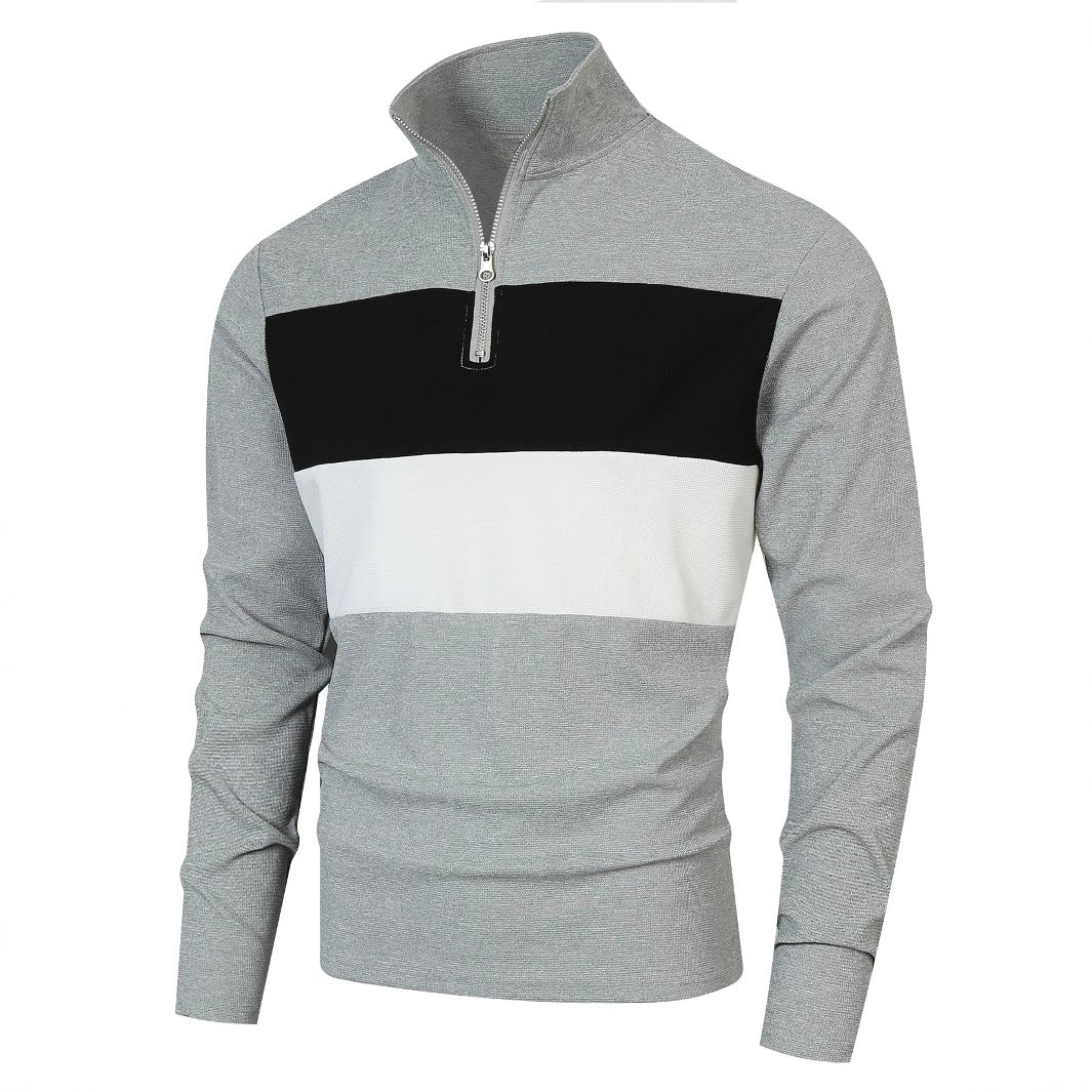 Herren Halbzip-Pullover mit Stehkragen, breitem Blockstreifen und fein gerippter Struktur – Norvane