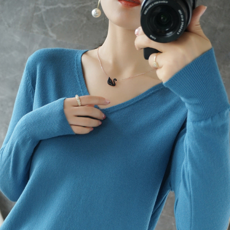 Damen leichter V-Ausschnitt Kaschmir-Look Feinstrickpullover Echoarchiv