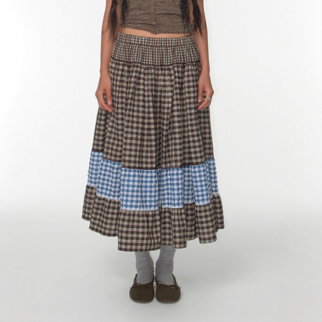 Damen nan mehrlagiger Baumwoll-Stufenrock mit elastischem Taillenbund, kontrastierendem Gingham-Band und Volant Echo Archiv