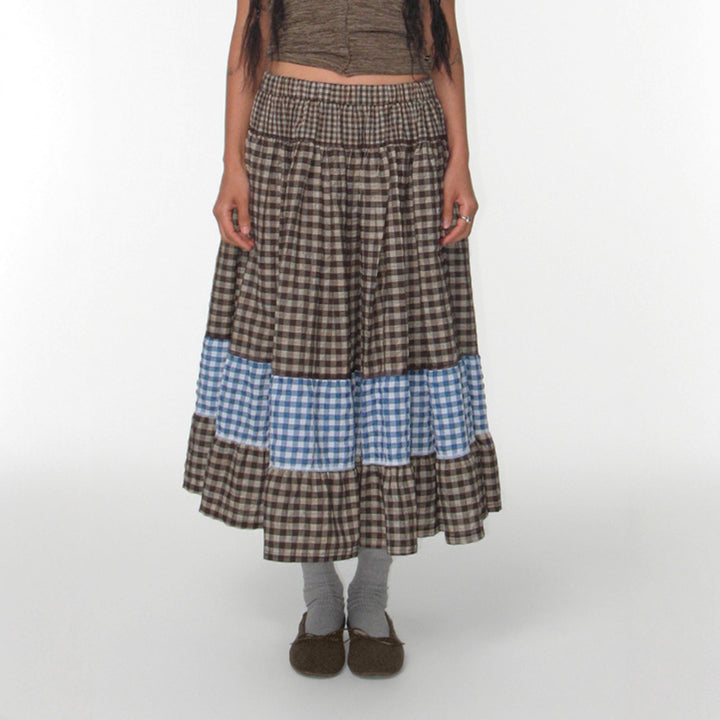 Damen nan mehrlagiger Baumwoll-Stufenrock mit elastischem Taillenbund, kontrastierendem Gingham-Band und Volant Echo Archiv