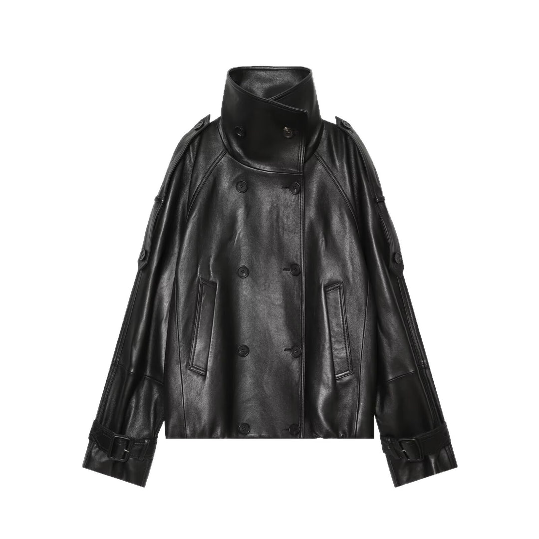 Damen Kurz‑Cape‑Trenchcoat aus veganer Lederoptik mit hohem Stehkragen und Schnallenärmeln Echoarchiv