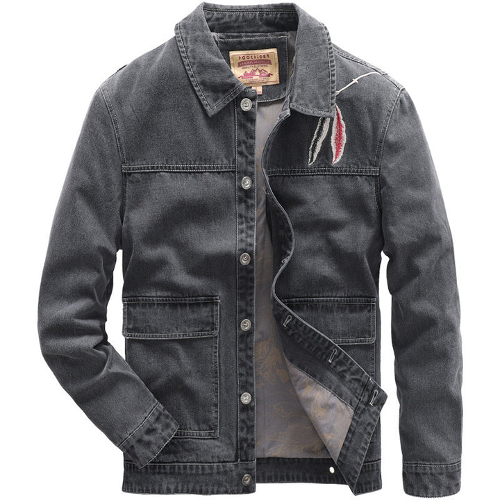 Herren Jeans-Truckerjacke mit Stickdetail und aufgesetzten Taschen – Denvaro