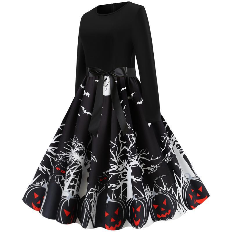 Damen Vintage-inspiriertes Swingkleid mit Halloween-Motiv, taillierter Satinschärpe und langen Ärmeln – Élara