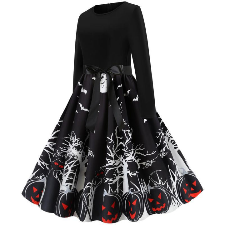 Damen Vintage-inspiriertes Swingkleid mit Halloween-Motiv, taillierter Satinschärpe und langen Ärmeln – Élara