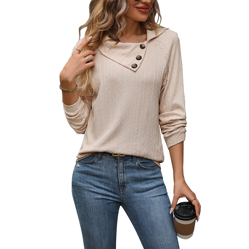 Damen Feiner Strickpullover mit asymmetrischem Knopfkragen und Zopfmuster Echoarchiv