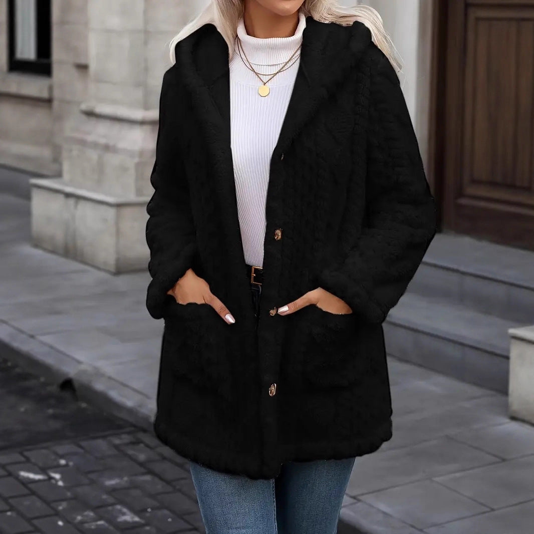 Damen Kuschelige Teddyjacke mit Kapuze, Knopfleiste und aufgesetzten Taschen Echo Archiv