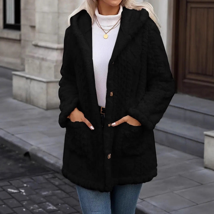 Damen Kuschelige Teddyjacke mit Kapuze, Knopfleiste und aufgesetzten Taschen Echo Archiv