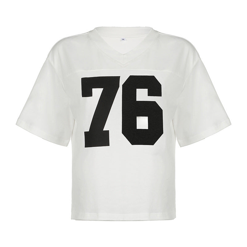 Damen lässiges V-Ausschnitt T-Shirt mit Sportmotiv Echo Archiv