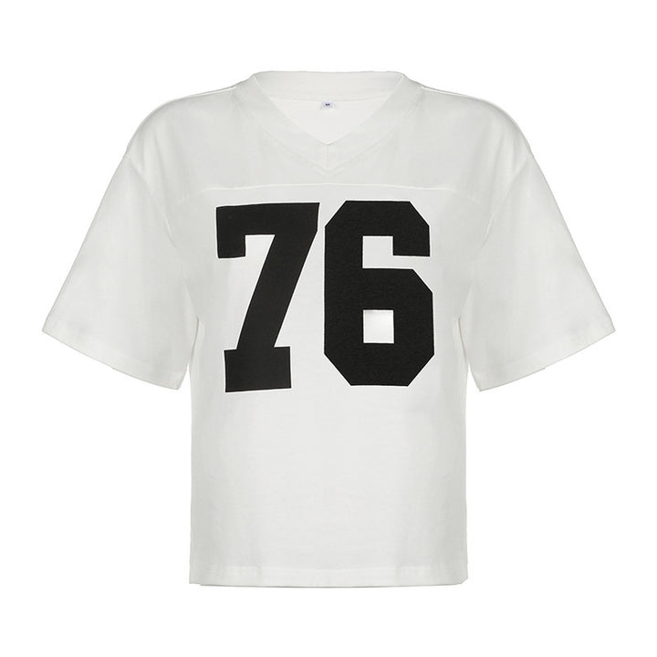 Damen lässiges V-Ausschnitt T-Shirt mit Sportmotiv Echo Archiv