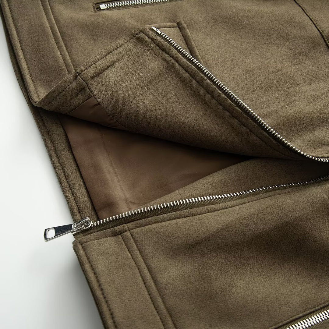 Damen Asymmetrische Veloursleder‑Optik Bikerjacke mit Stehkragen und Zippern Echoarchiv