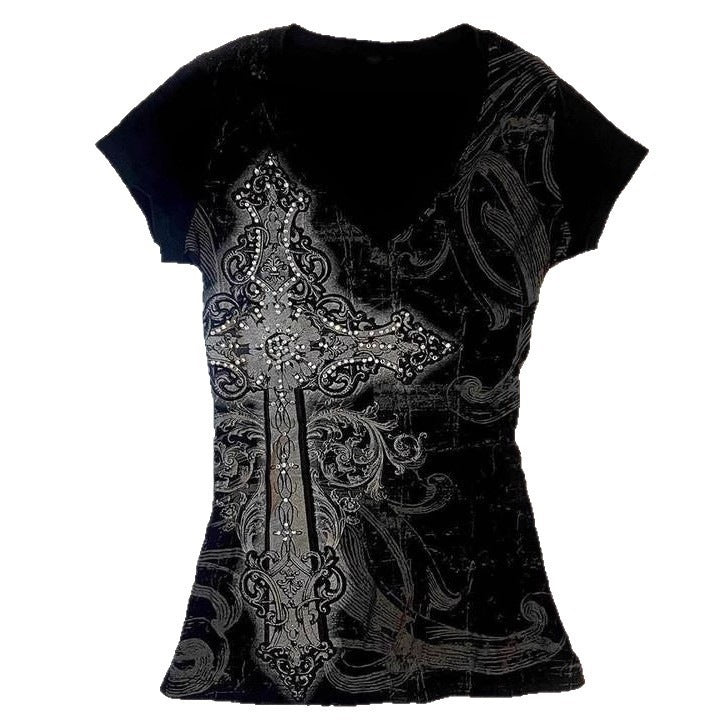 Damen T-Shirt mit aufwendigem Kreuz-Design und Strass-Akzenten Echo Archiv