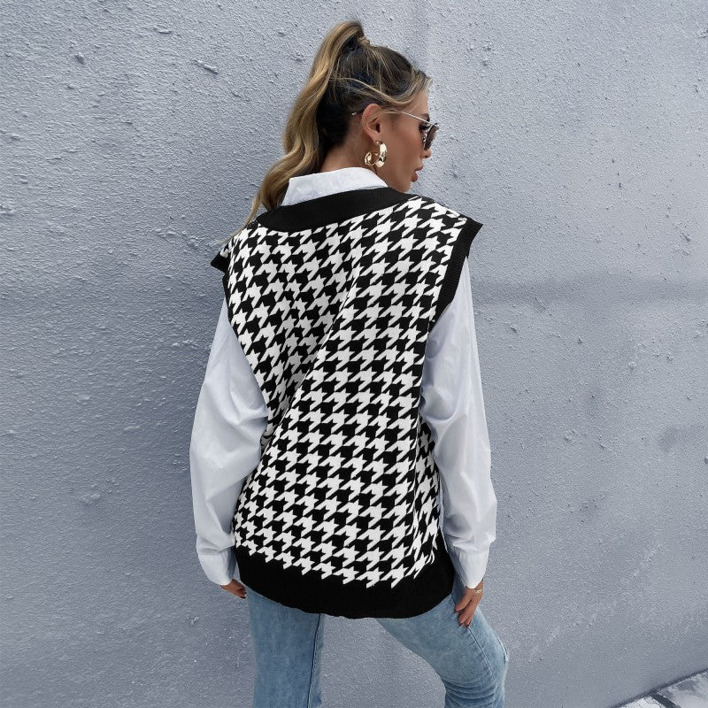 Damen Oversize Strickweste mit Hahnentrittmuster und V-Ausschnitt Echoarchiv