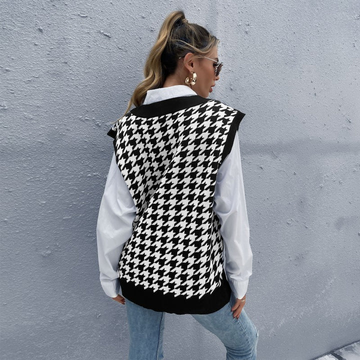 Damen Oversize Strickweste mit Hahnentrittmuster und V-Ausschnitt Echoarchiv