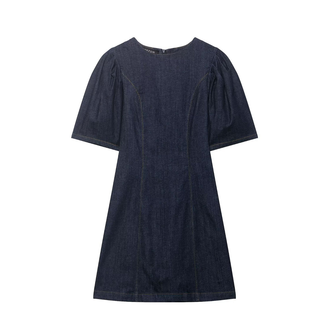 Damen A‑Linien Jeanskleid mit Puffärmeln und figurbetonten Abnähern Echoarchiv