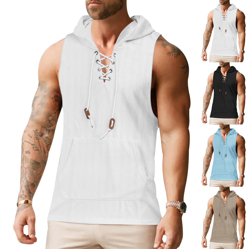 Herren ärmelloses Kapuzenshirt mit modischem Schnürdesign und praktischer Kängurutasche Echoarchiv