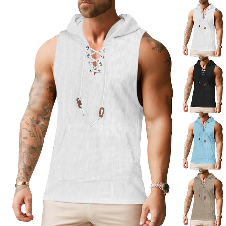 Herren ärmelloses Kapuzenshirt mit modischem Schnürdesign und praktischer Kängurutasche Echoarchiv