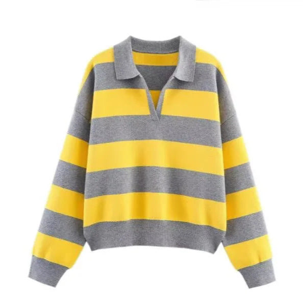 Damen nan oversized Rugby-Pullover mit Polokragen, V-Ausschnitt und breiten Streifen Echo Archiv