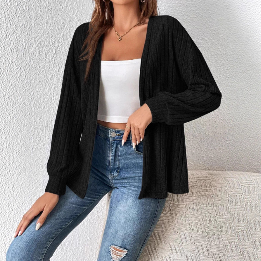Damen Langer Rippstrick-Cardigan mit Ballonärmeln und offener Front – Veloura