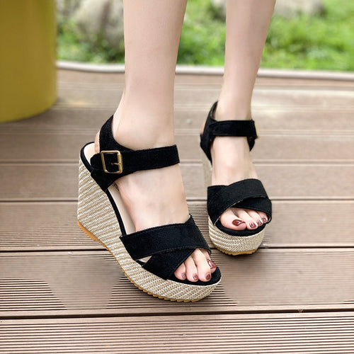 Damen nan Espadrille-Keilabsatz-Sandalette mit gekreuzten Veloursriemen und verstellbarer Schnallenlasche Echo Archiv