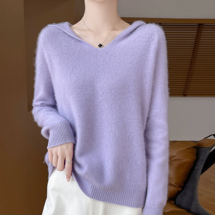 Damen Weicher Mohair‑Optik Kapuzenpullover mit V‑Ausschnitt und geripptem Saum Echoarchiv