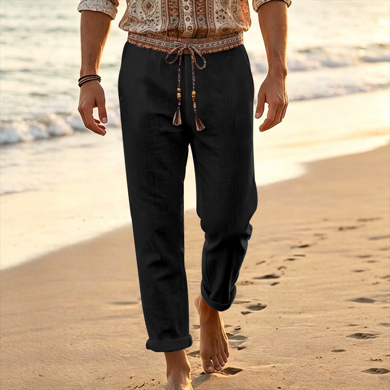 Herren nan maritime Leinen-Loungehose mit dekorativem Ethno-Bund, elastischem Tunnelzug und geradem Bein Echo Archiv
