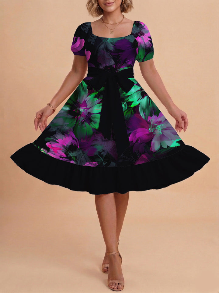 Damen Sommerkleid mit floralem Puffärmel und taillierbarem Gürtel Echo Archiv