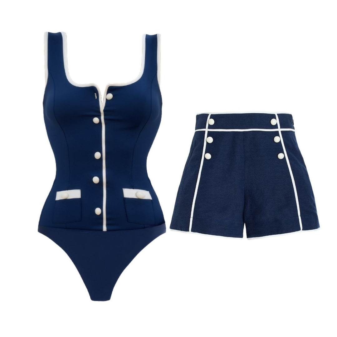 Damen Sportlicher Schwimmanzug mit Langarm und Knopfdetails Echo Archiv