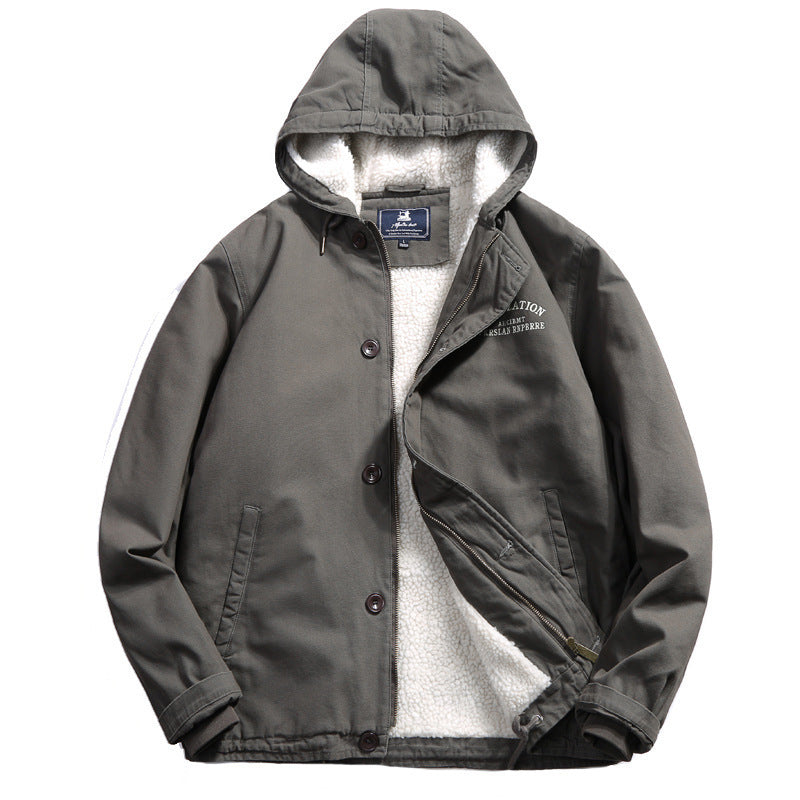 Herren Baumwoll-Canvas Kapuzenblouson mit durchgehendem Teddyfutter, verdeckter Knopf- und Reißverschlussleiste und Innentasche – Taviero