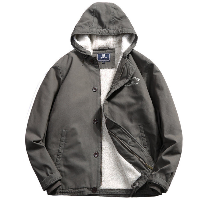 Herren Kapuzen-Canvasjacke mit Sherpa-Futter und Utility-Details Echoarchiv