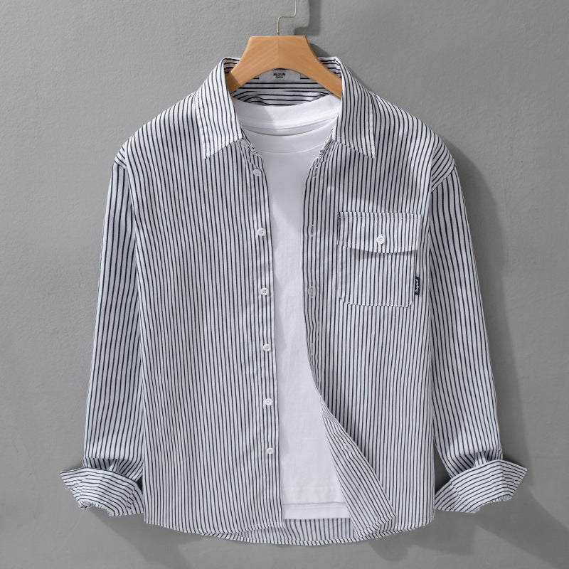 Herren Leichtes gestreiftes Hemdjacken-Overshirt aus Baumwoll-Leinenmix mit Brusttasche Echoarchiv