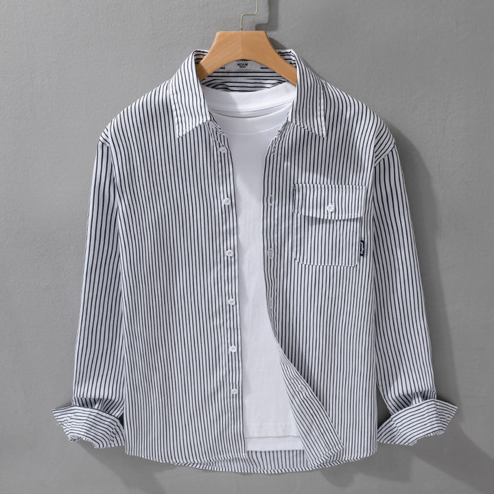 Herren Leichtes gestreiftes Hemdjacken-Overshirt aus Baumwoll-Leinenmix mit Brusttasche Echoarchiv