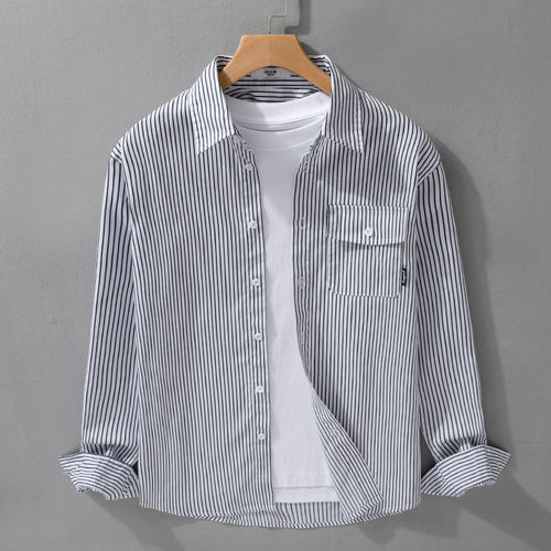 Herren Leichtes gestreiftes Hemdjacken-Overshirt aus Baumwoll-Leinenmix mit Brusttasche Echoarchiv