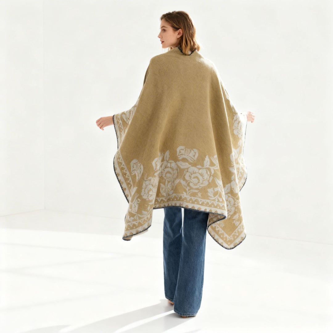 Damen Weicher Oversize-Capeponcho im Blumen-Jacquard mit kontrastierter Kettelkante Echo Archiv