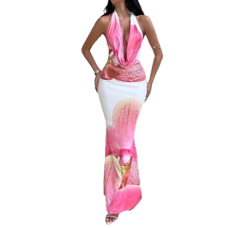 Damen Maxikleid mit tiefem V-Ausschnitt und floralem Drapierungsdesign Echo Archiv