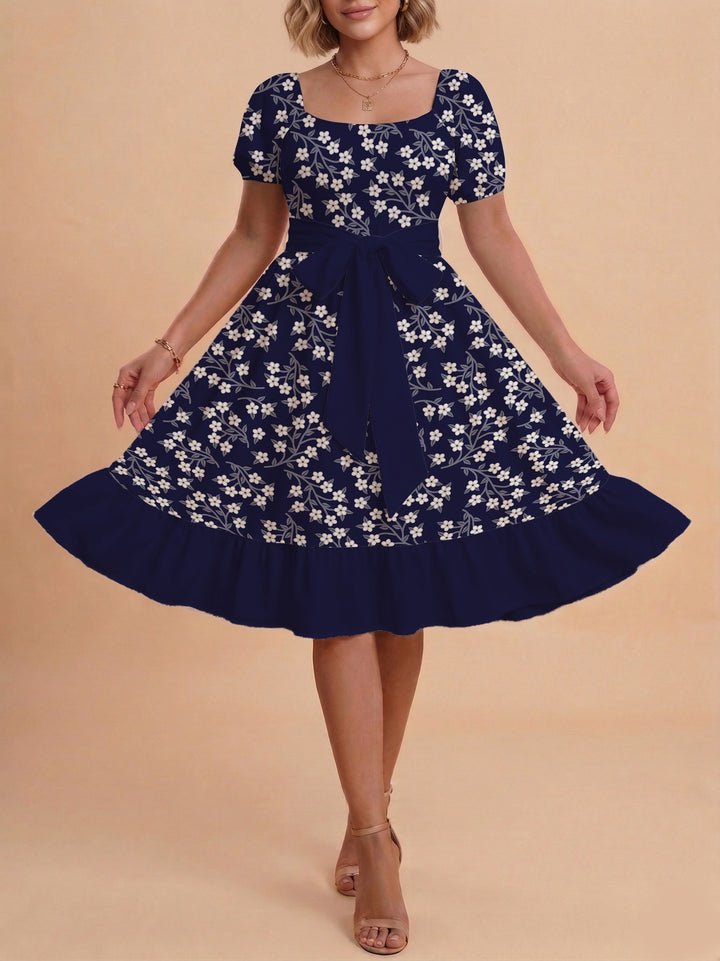 Damen Blumenkleid mit taillierbarem Gürtel und voluminösen Ärmeln Echo Archiv