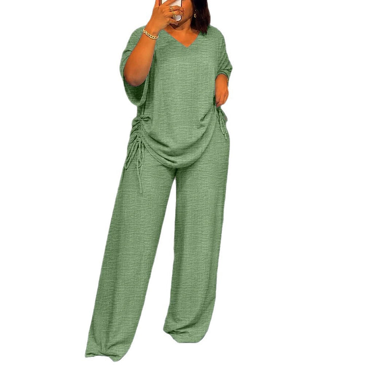 Damen Oversize-Lounge-Set mit V-Ausschnitt, seitlicher Raffung und weiter Palazzohose – Élanora